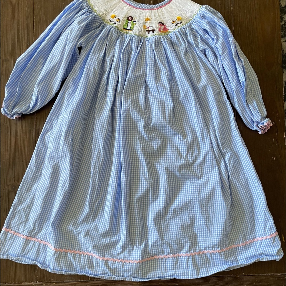 Blue Gingham Smocked Knee-Length Dress Nativity
